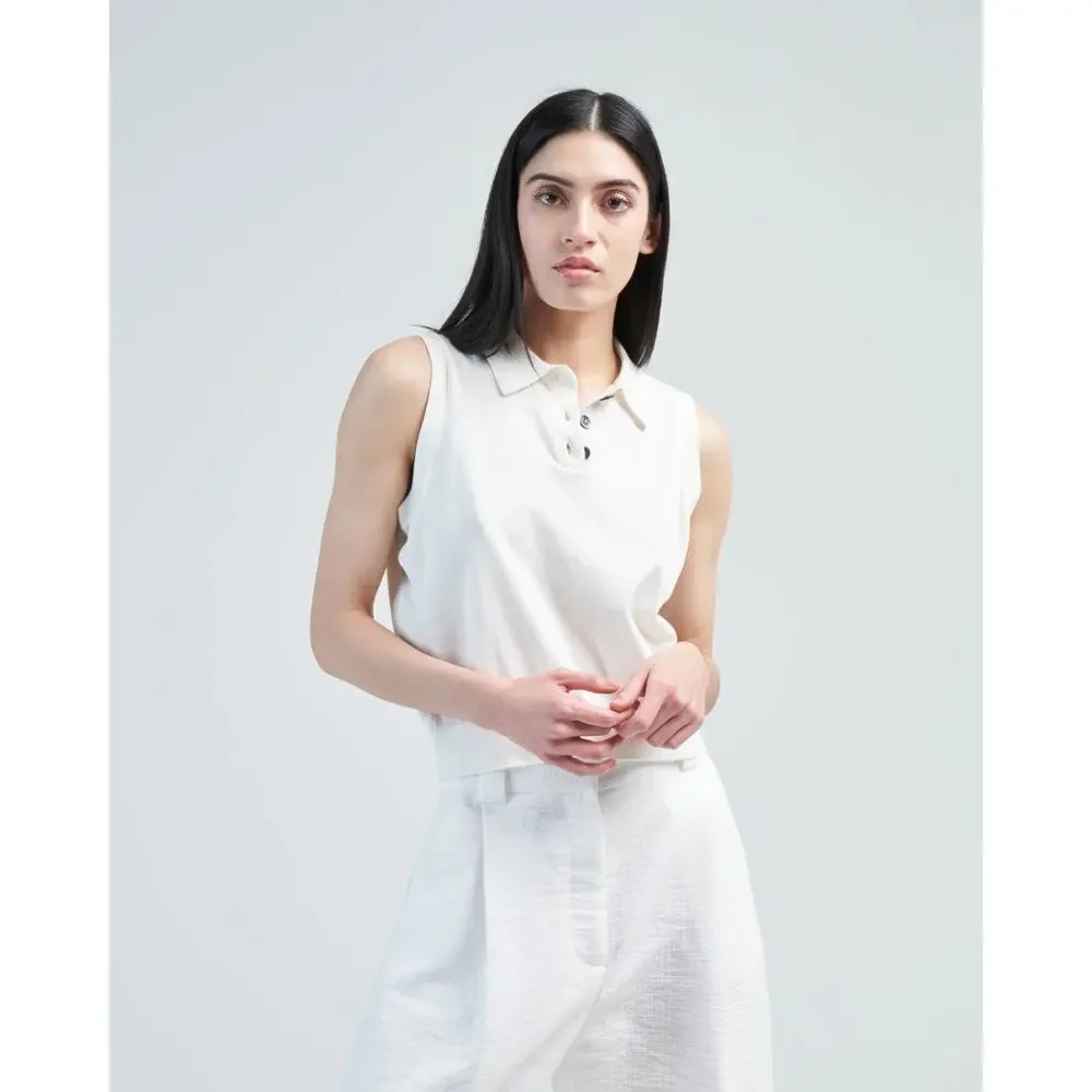 DEMY LEE New York Ayana Button up sleeveless Polo Top Size Small Ivory